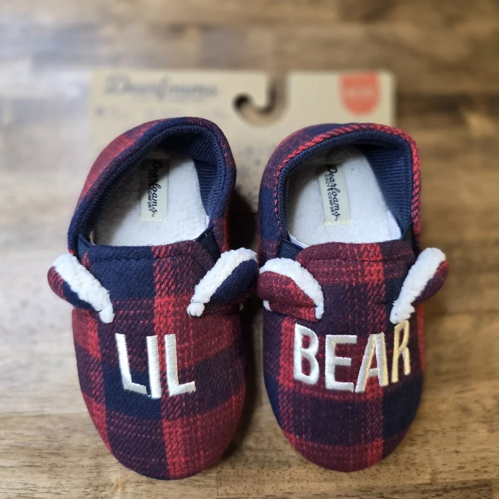Dearfoams Lil Bear Slippers Kids Size 9/10 Red Blue Buffalo Plaid NWT